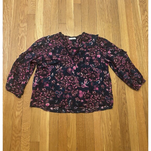 Ulla Johnson Rana Blouse Midnight Floral Ruffle Sleeve V Neck Tassel Size 4 Pink - Picture 2 of 8
